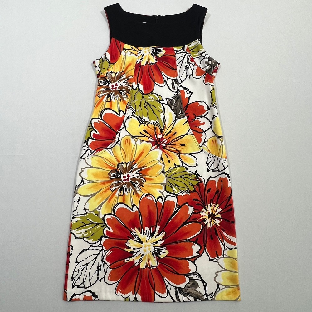 Dressbarn Womens Shift Dress Size 6 Floral Colorblock Black Orange Yellow Summer